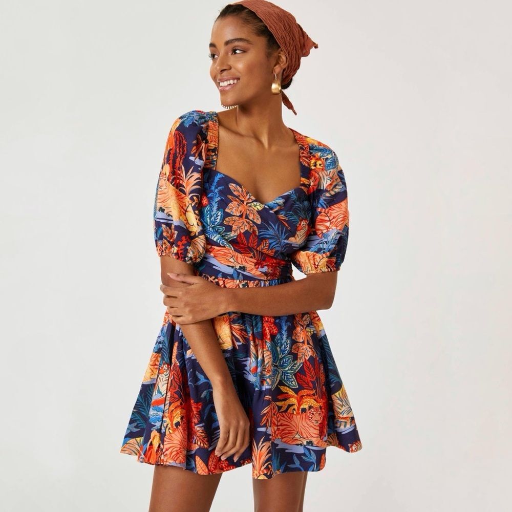 by Anthropologie Puff-Sleeve Mini Dress in Orange Blue Size Small